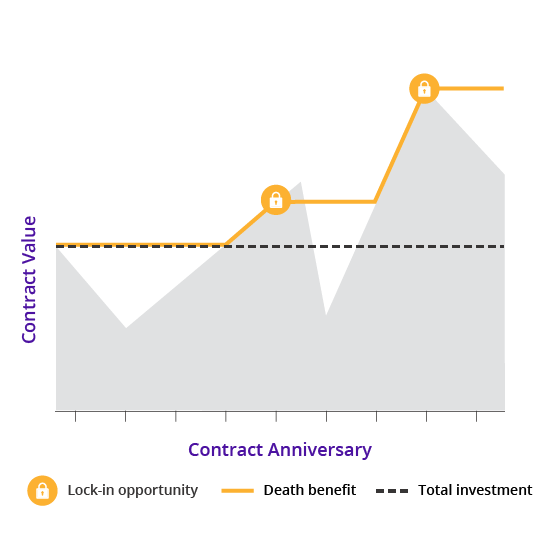 Graph shows death benefit's contract value increasing on an annual basis when the market experiences gains.