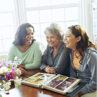 A woman and her adult daughters looking at a family photo album knowing they have an estate plan in place.
