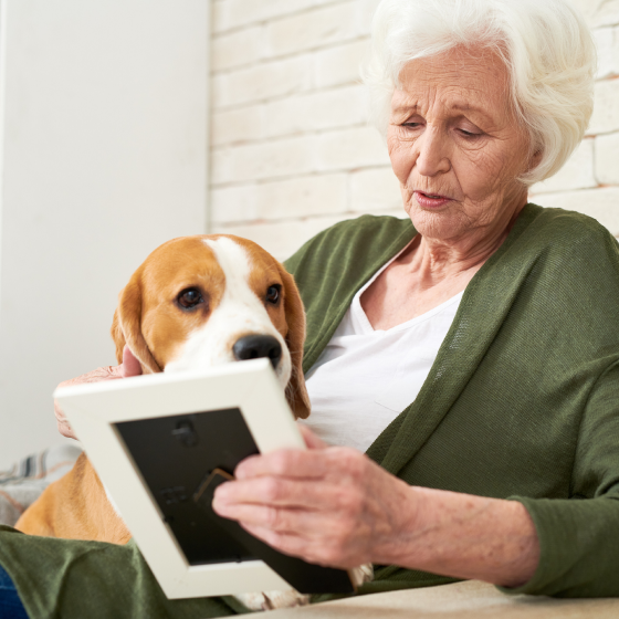 A client and her dog looking at a photo of a loved one who has passed