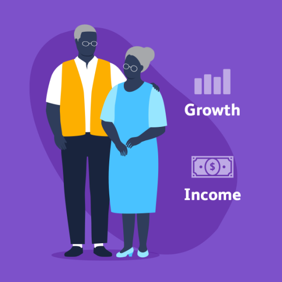 Abstract illustration of a couple preparing for retirement with a graph symbol to indicate growth and dollar symbol to indicate income.